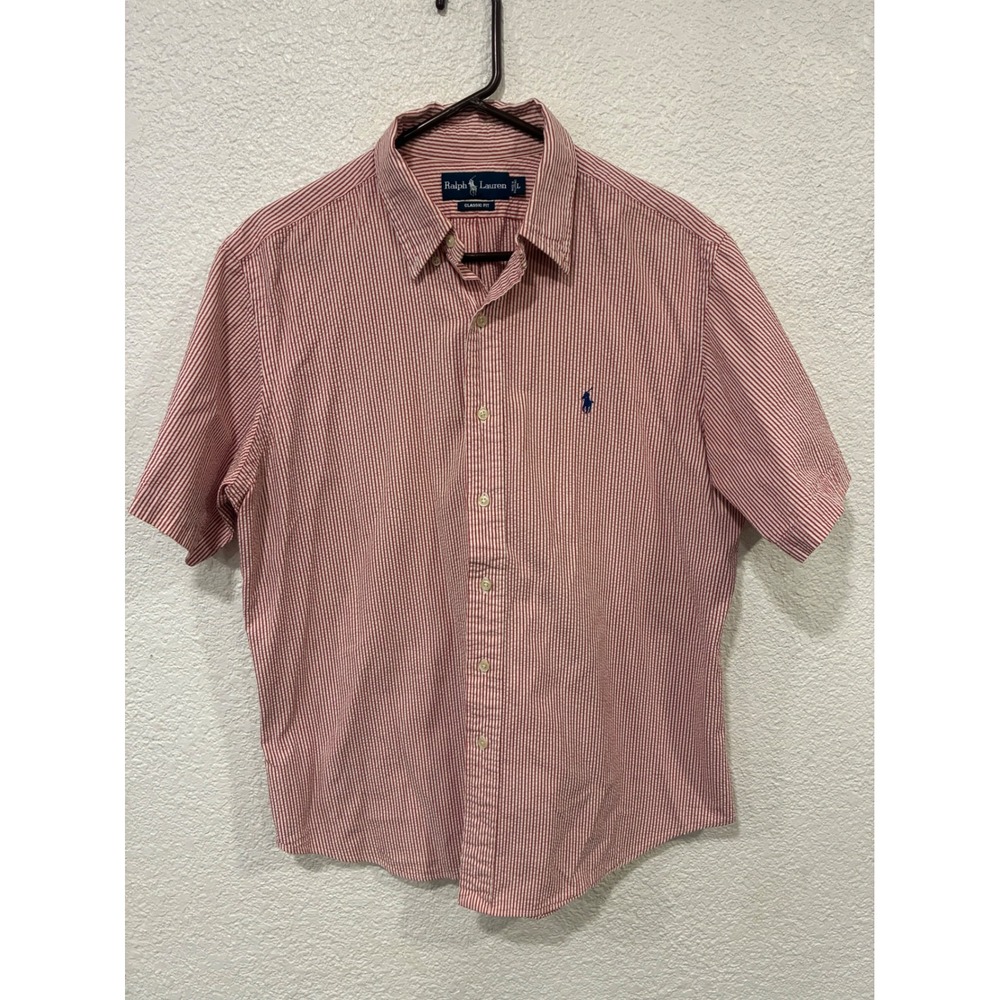 Polo Ralph Lauren Mens Large Red White Striped Seersucker Short Sleeve Shirt L